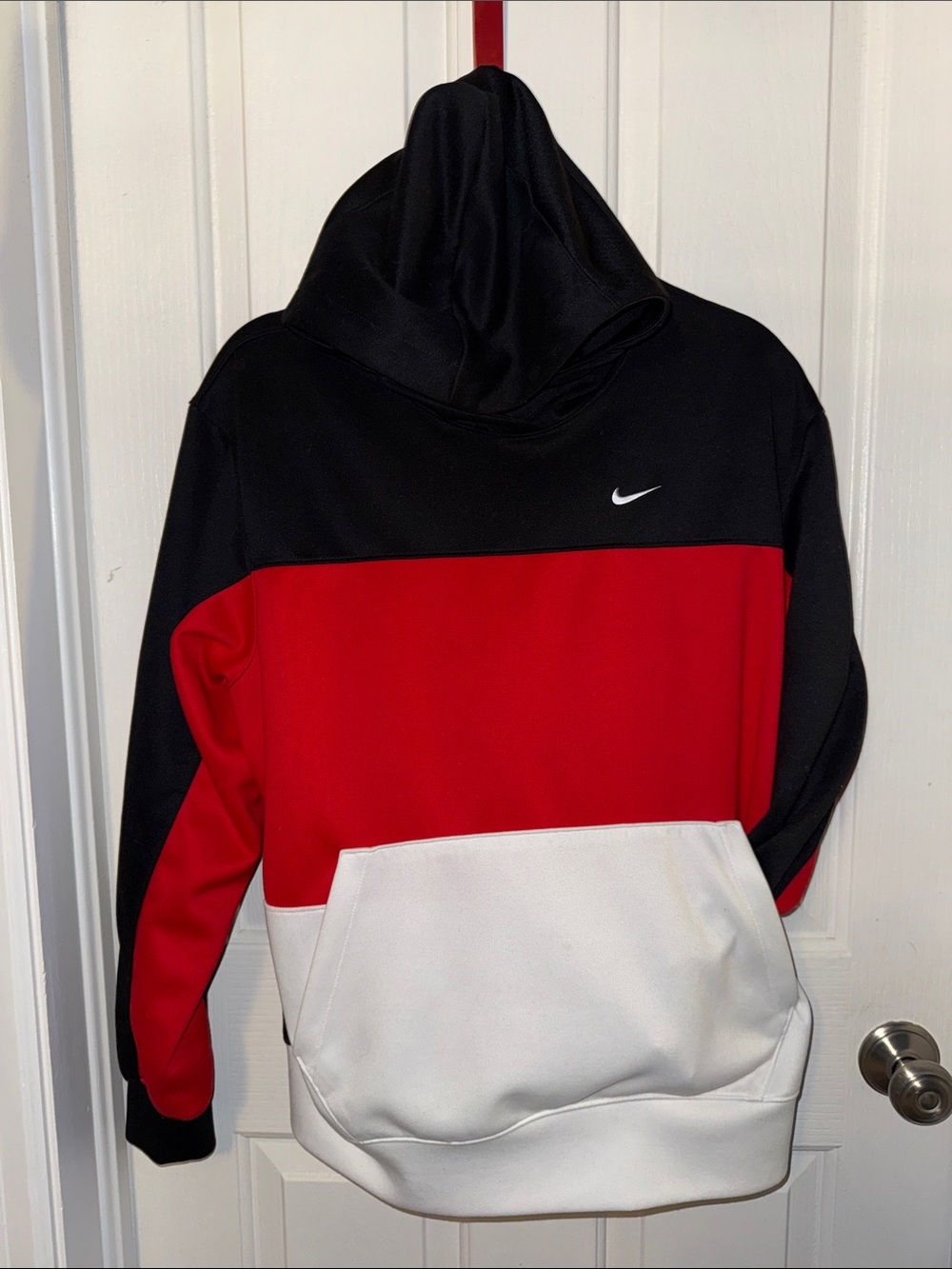 Nike Mens Black, Red & White Colorblock Pullover Hoodie
